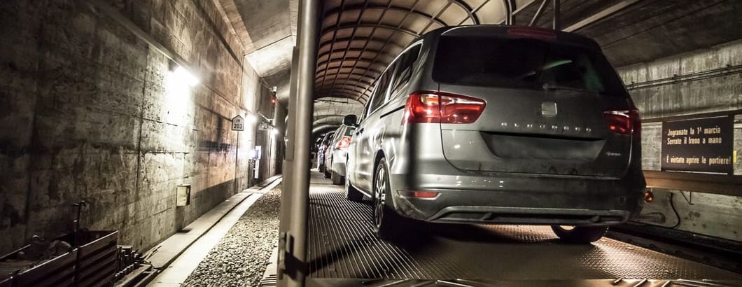 Car in the Furka tunnel on the car transport Car in the Furka tunnel on the car transport
