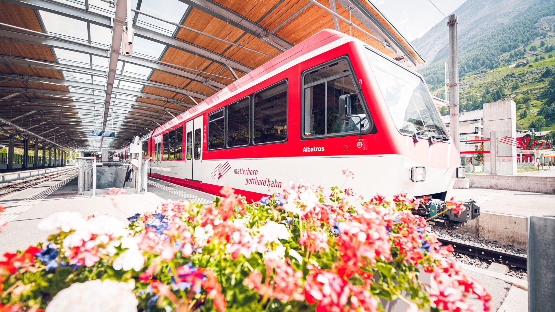 Gare Matterhorn Terminal Täsch Départ d'un train avec des fleurs au premier plan, Valais, Suisse