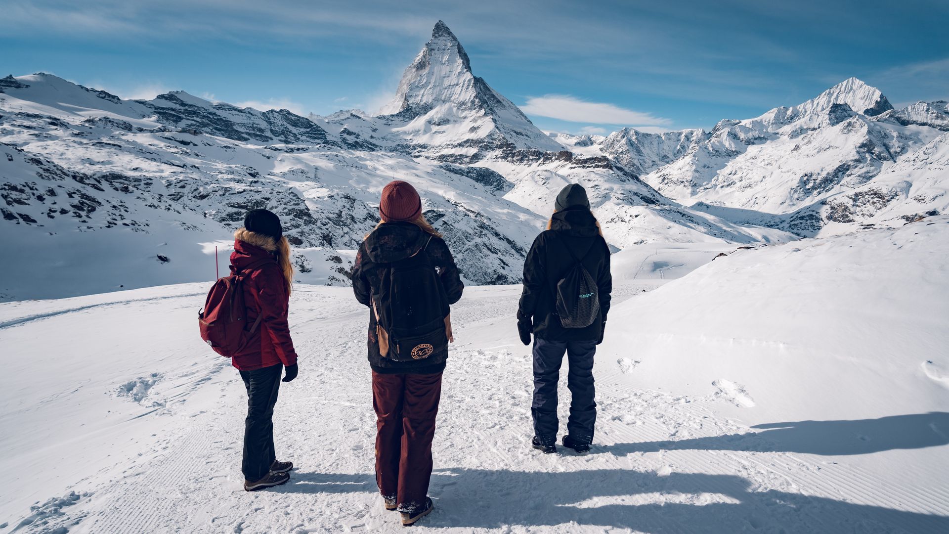 Winter hiking on the Gornergrat with a view of the Matterhorn