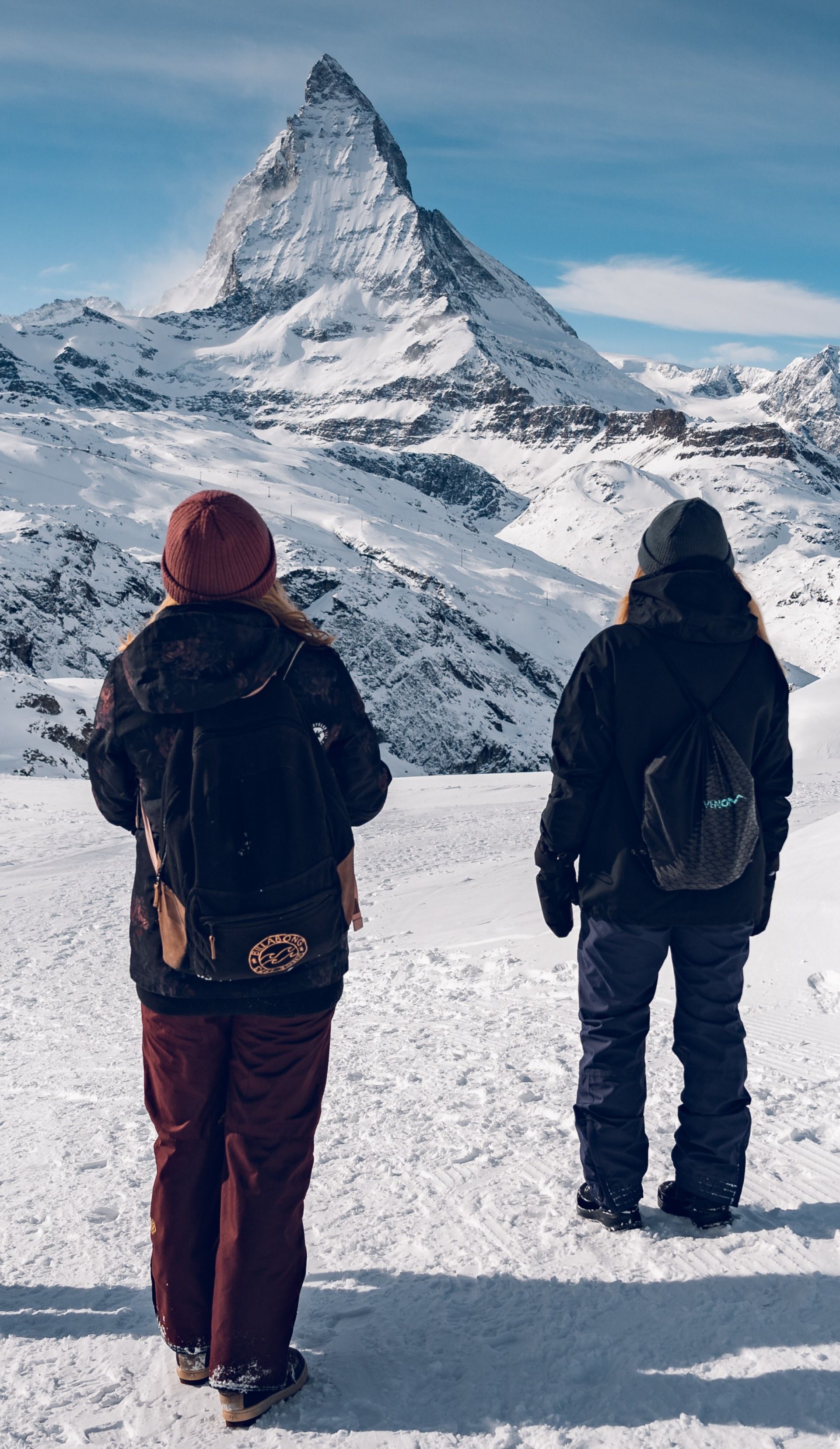 Winter hiking on the Gornergrat with a view of the Matterhorn